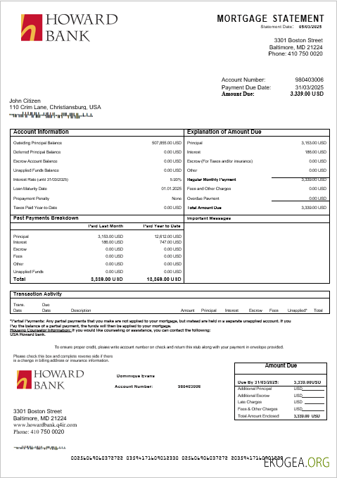 Relevé hypothécaire de la banque USA Howard aux formats Word et PDF